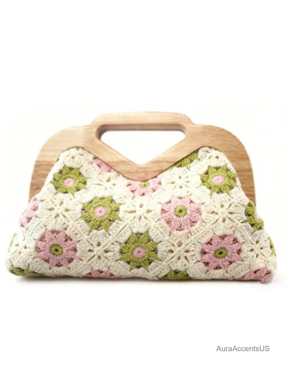 Handmade Crochet Flower Purse with Wooden Handle Boho Shoulder Bag